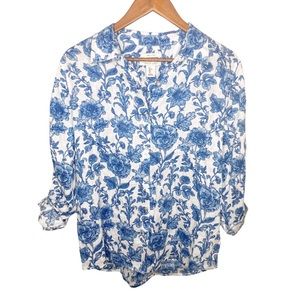 Rachel Zoe 100% linen longline blue floral blouse